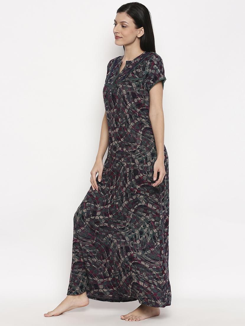 mandarin neck printed nightwear gown - 17744375 -  Standard Image - 1