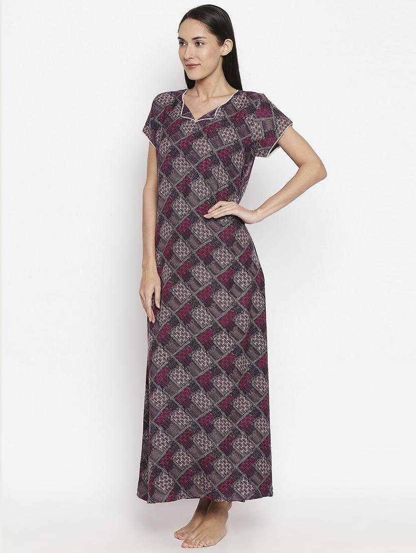v-neck printed nightwear gown - 17744376 - Standard Image - 1