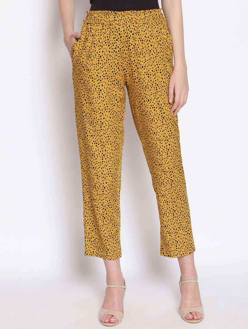 mustard printed flat front trouser