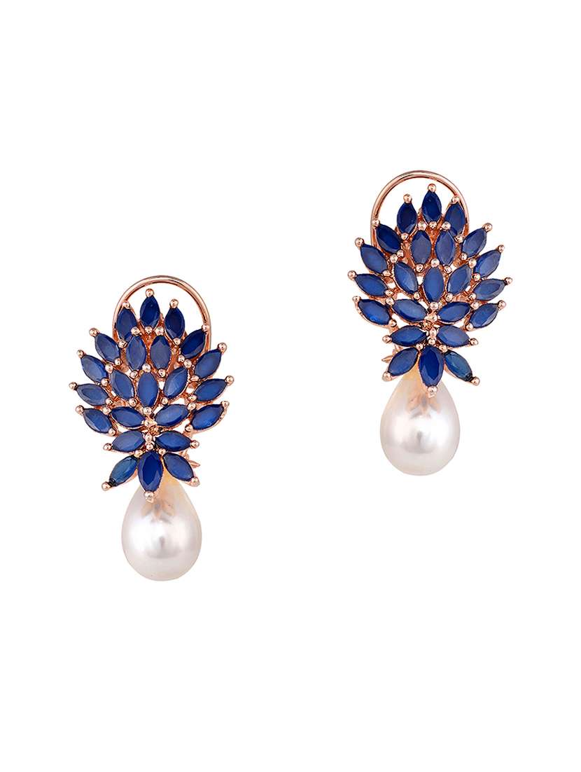 rose gold plated luxurious blue ad studded pearl drop earring