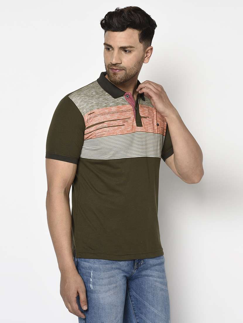 olive green striped polo t-shirt - 17760076 - Standard Image - 1