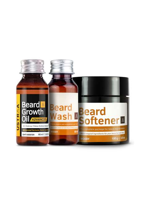 ustraa beard growth oil advanced - 60ml, ustraa beard wash woody - 60ml and ustraa beard softener - 100g - 17760601 - Standard Image - 0