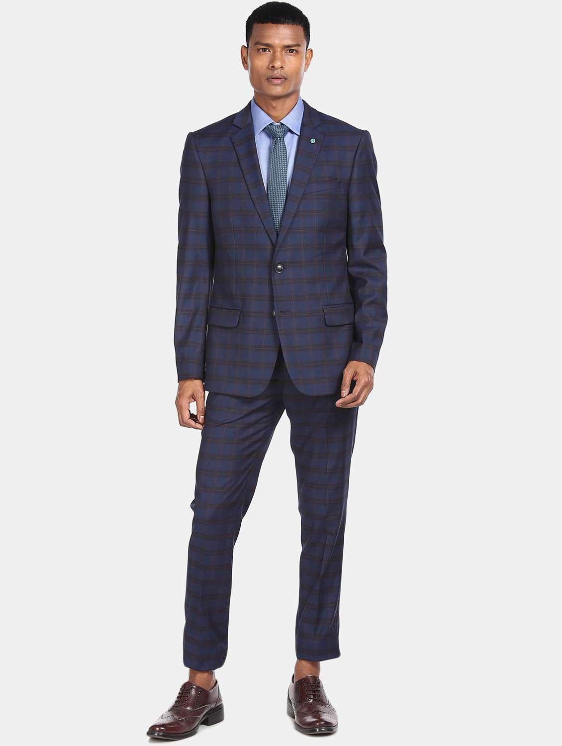 blue checkered single breasted suit
