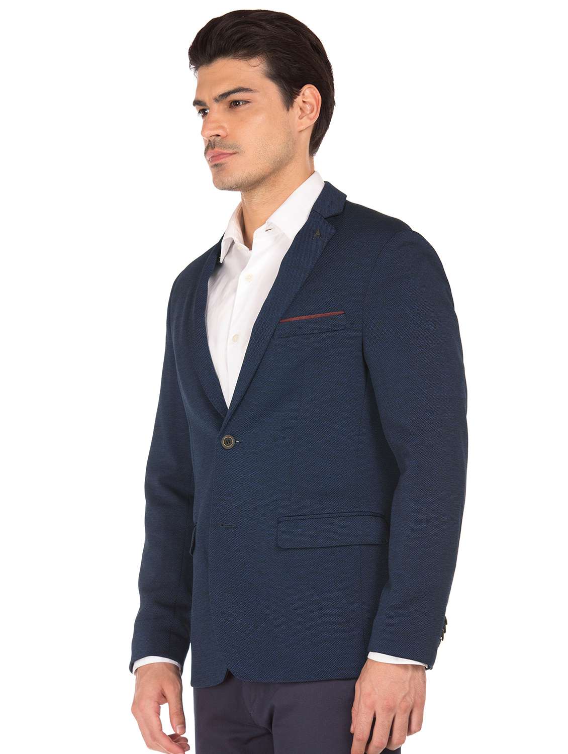navy blue self design single breasted formal blazer - 17761167 - Standard Image - 1