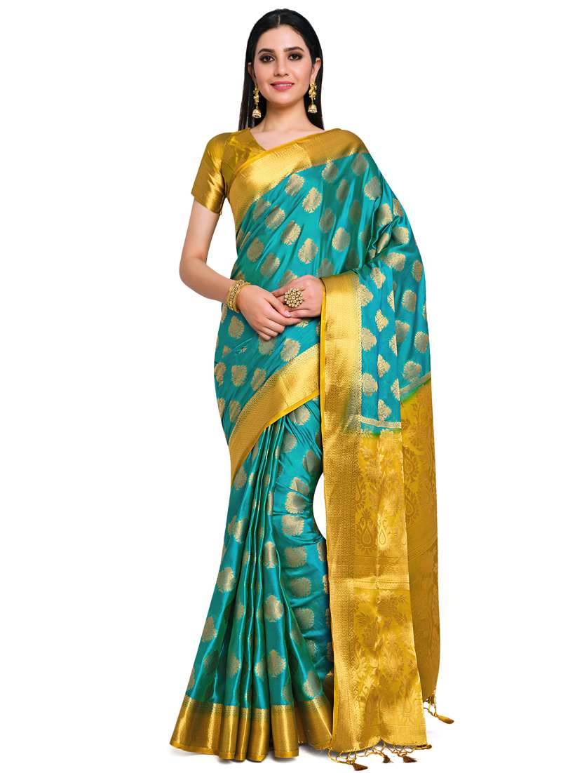 turquoise art silk kanjivaram saree with blouse - 17770718 -  Standard Image - 1