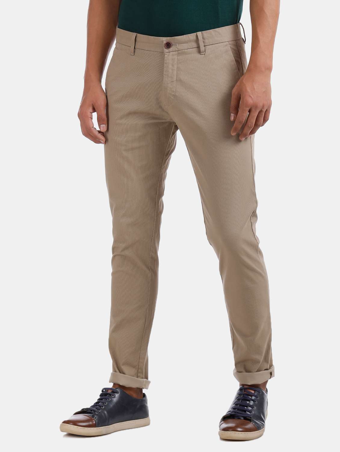beige striped flat front casual trouser