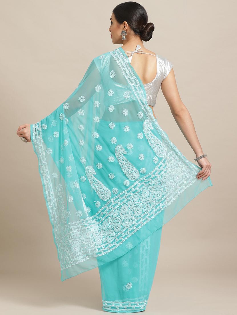 ada hand-embroidered sea green chikankari saree with blouse - 17772679 - Standard Image - 1