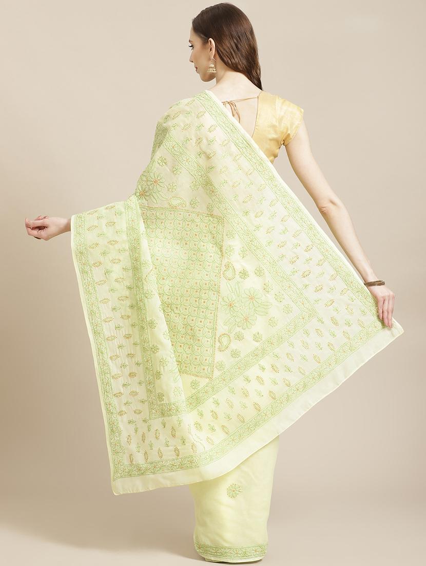 ada hand-embroidered lemon chikankari saree with blouse - 17772684 - Standard Image - 1