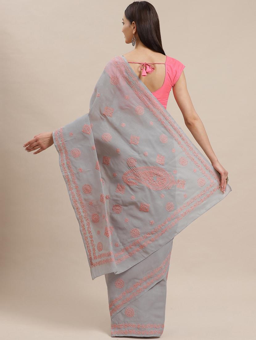 ada hand-embroidered grey chikankari saree with blouse - 17772690 -  Standard Image - 1