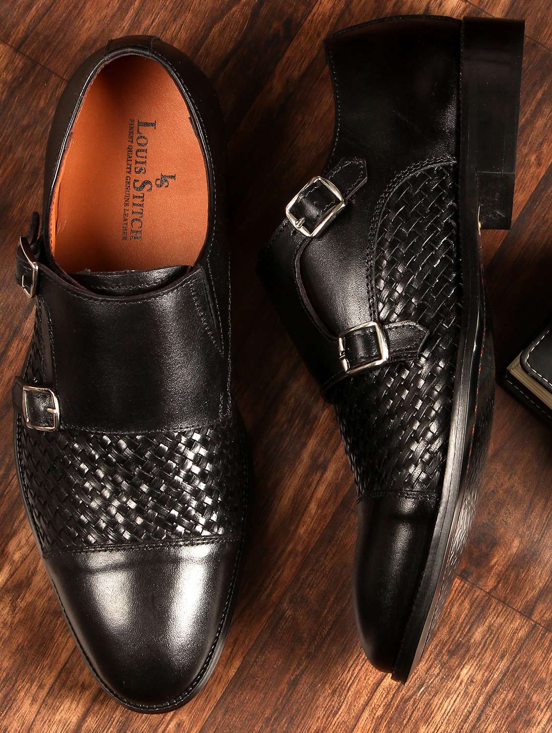 black leather slip on monk straps