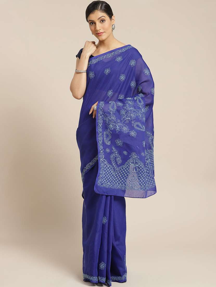 ada hand-embroidered blue chikankari saree with blouse