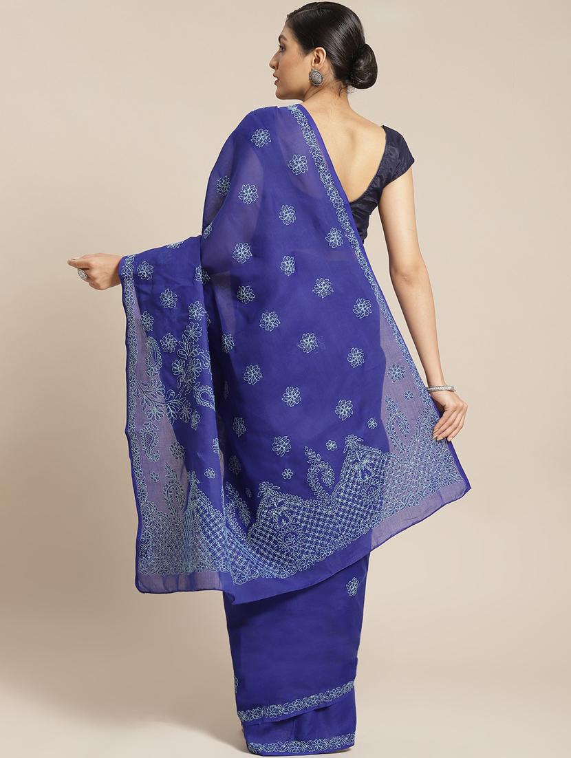 ada hand-embroidered blue chikankari saree with blouse - 17774163 - Standard Image - 1