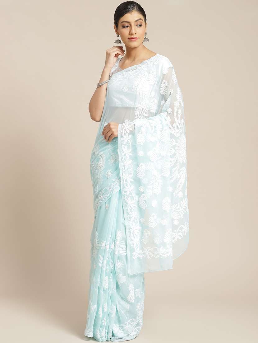 ada hand-embroidered blue chikankari saree with blouse