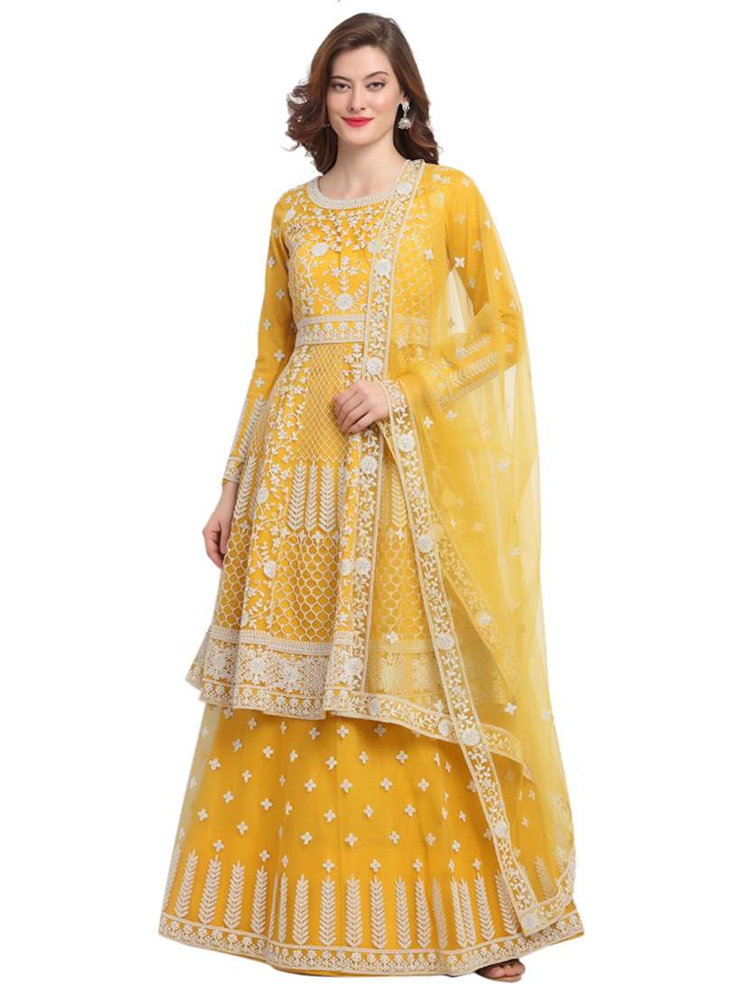 yellow net semistitched suit