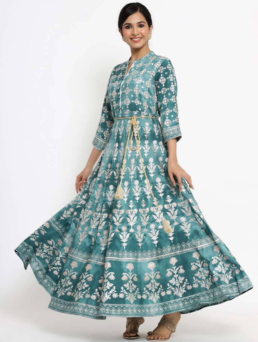 teal printed flared ethnic dress