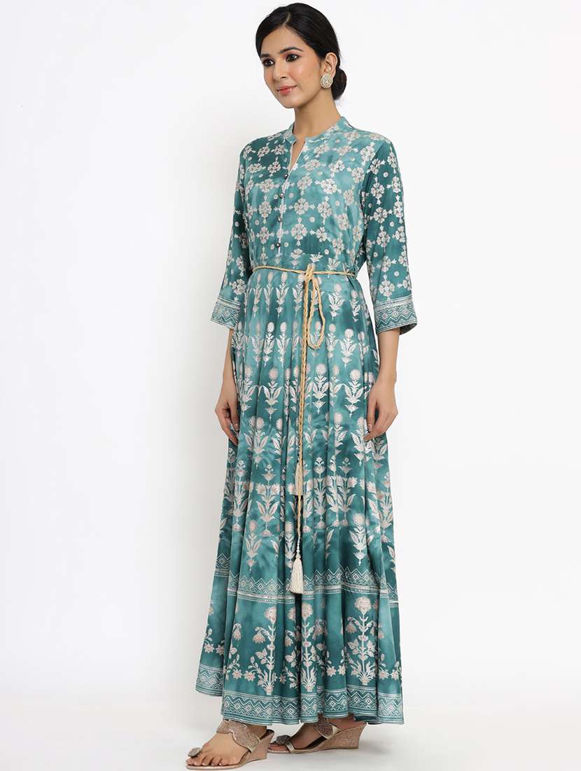 teal printed flared ethnic dress - 17778113 -  Standard Image - 1