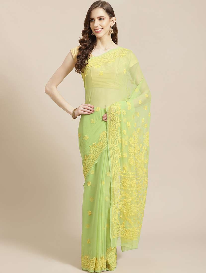 ada hand-embroidered green chikankari saree with blouse - 17778291 -  Zoom Image - 0