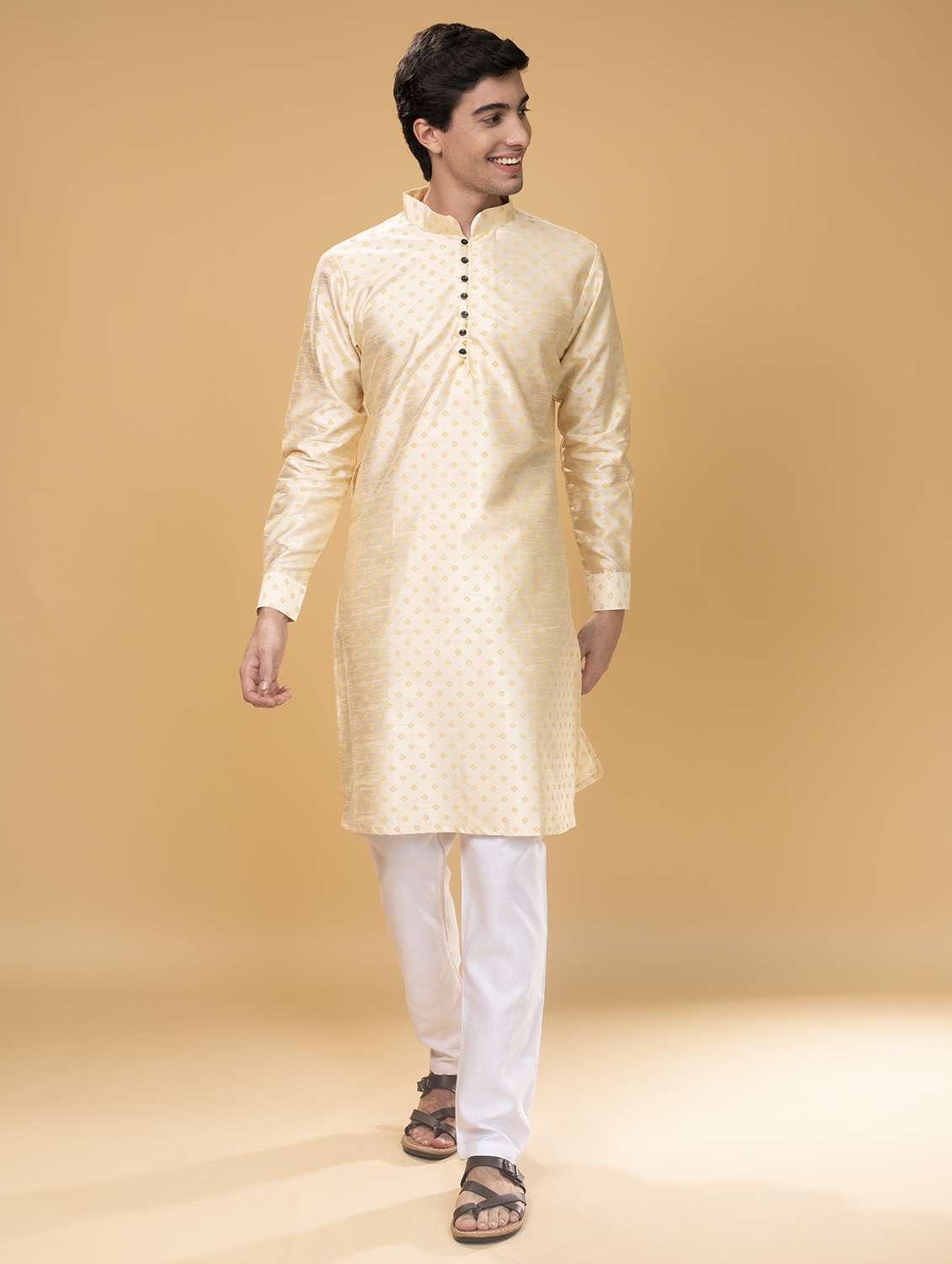 beige printed silk blend long kurta - 17779394 -  Standard Image - 1