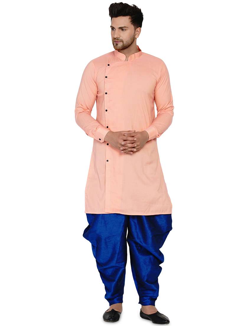 men peach self design long kurta