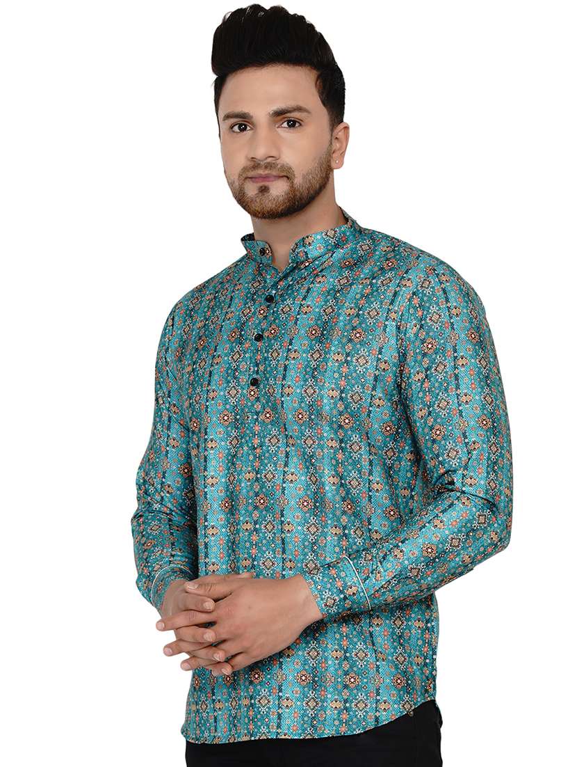 men blue printed long sleeve short kurta - 17779411 -  Standard Image - 1