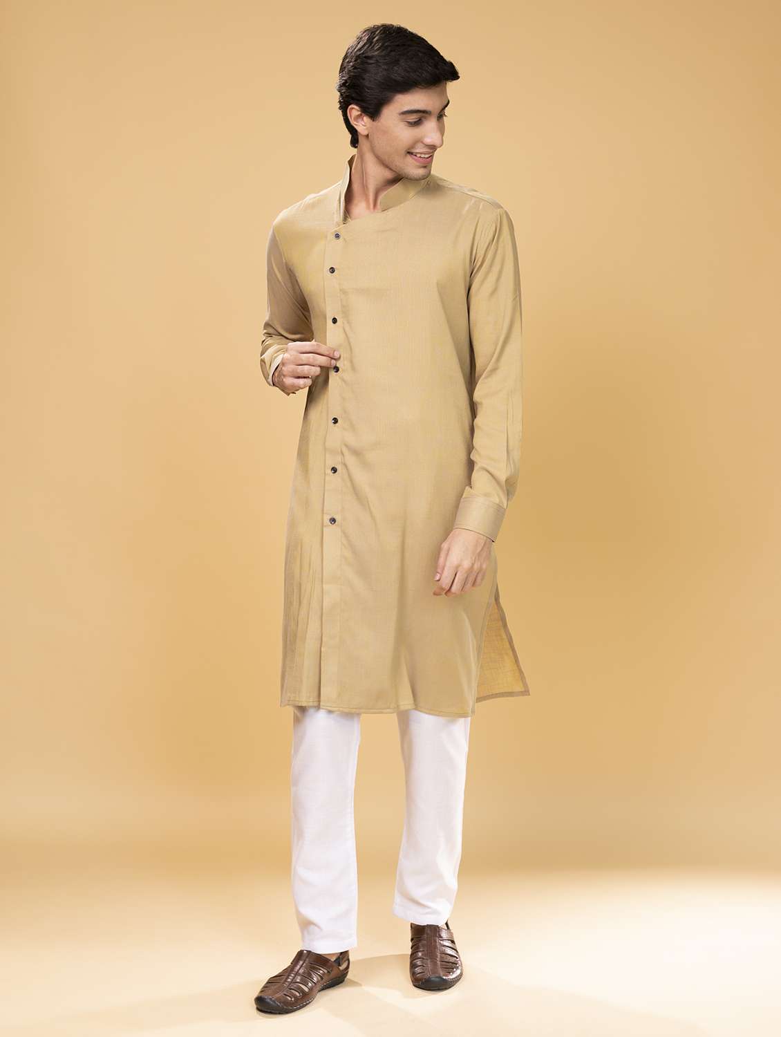 beige solid long kurta - 17779420 -  Standard Image - 1