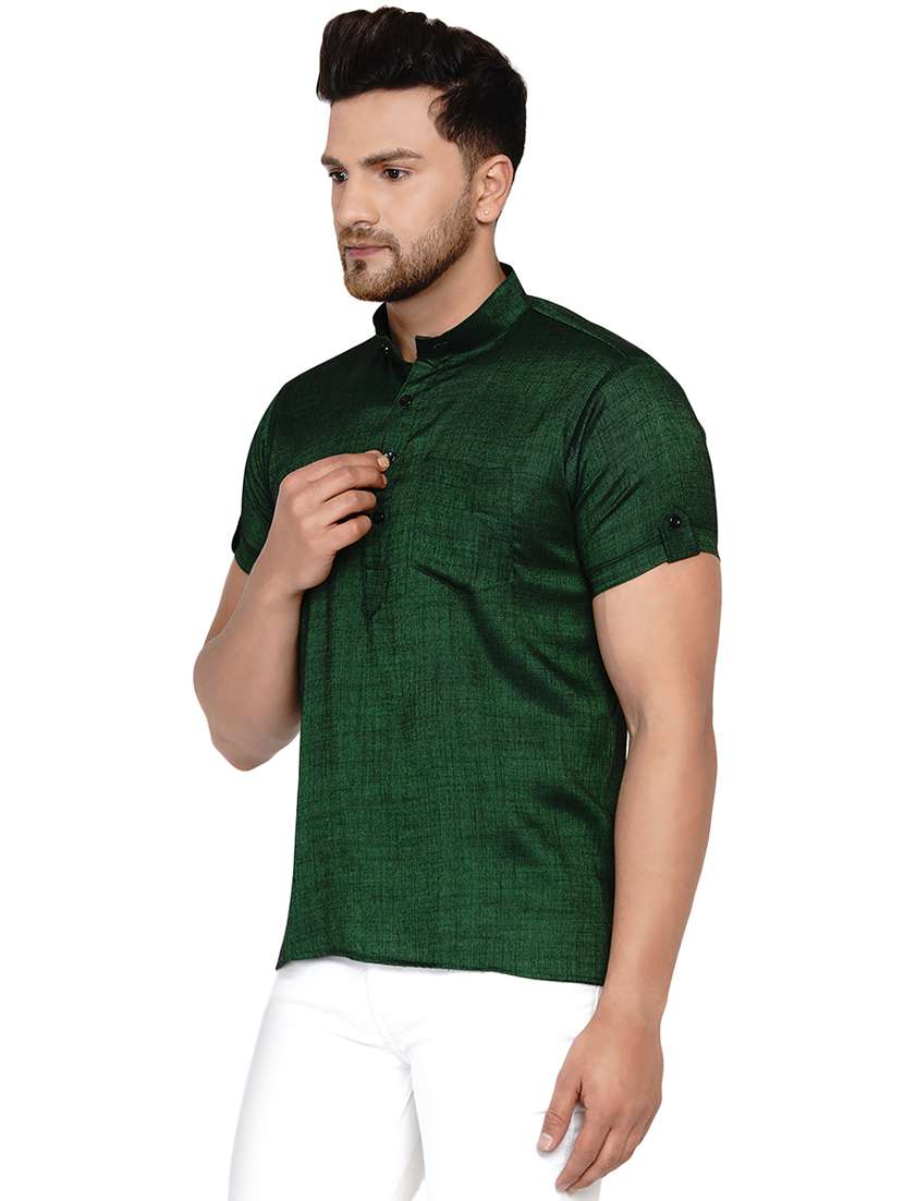 bottle-green solid short kurta - 17779422 - Standard Image - 1