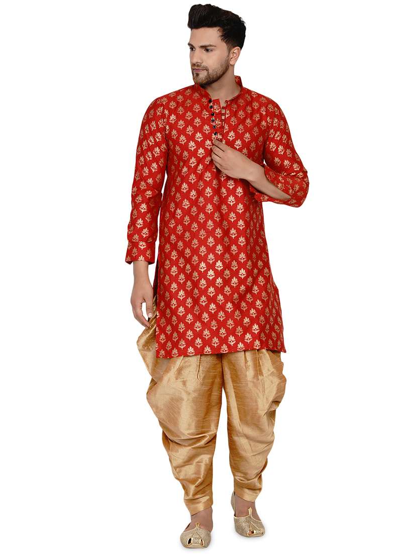 red printed silk blend long kurta