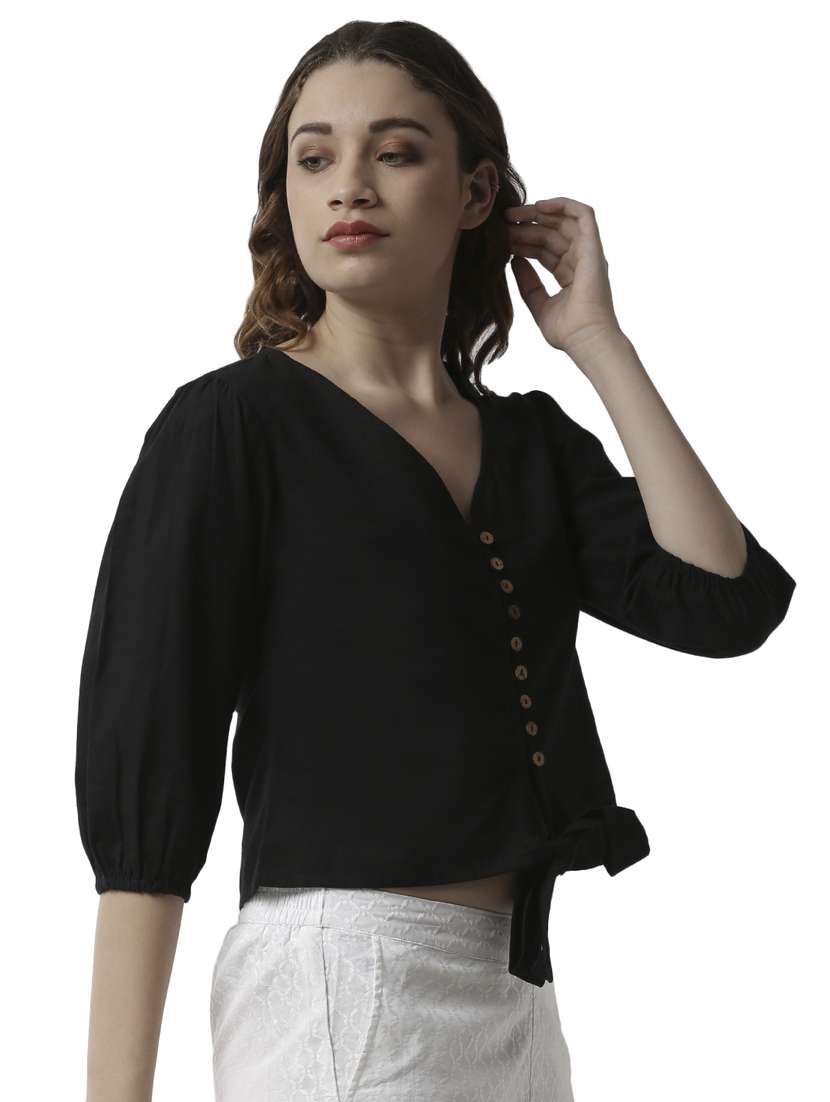 tie front solid crop top - 17780214 - Standard Image - 1