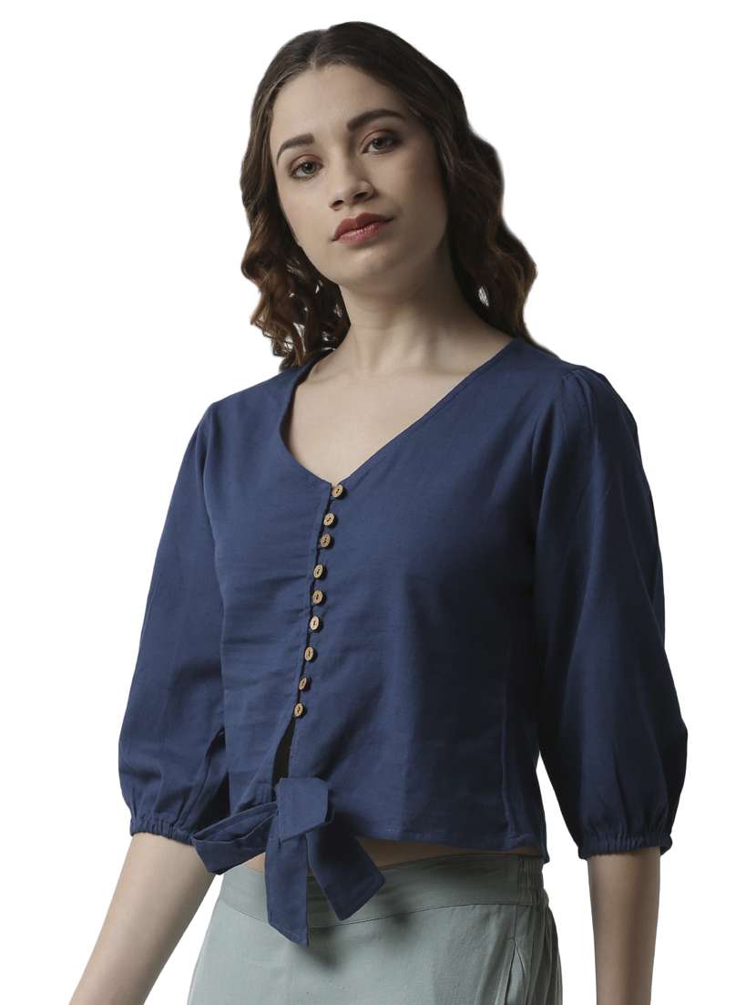 tie front solid crop top - 17780215 - Standard Image - 1
