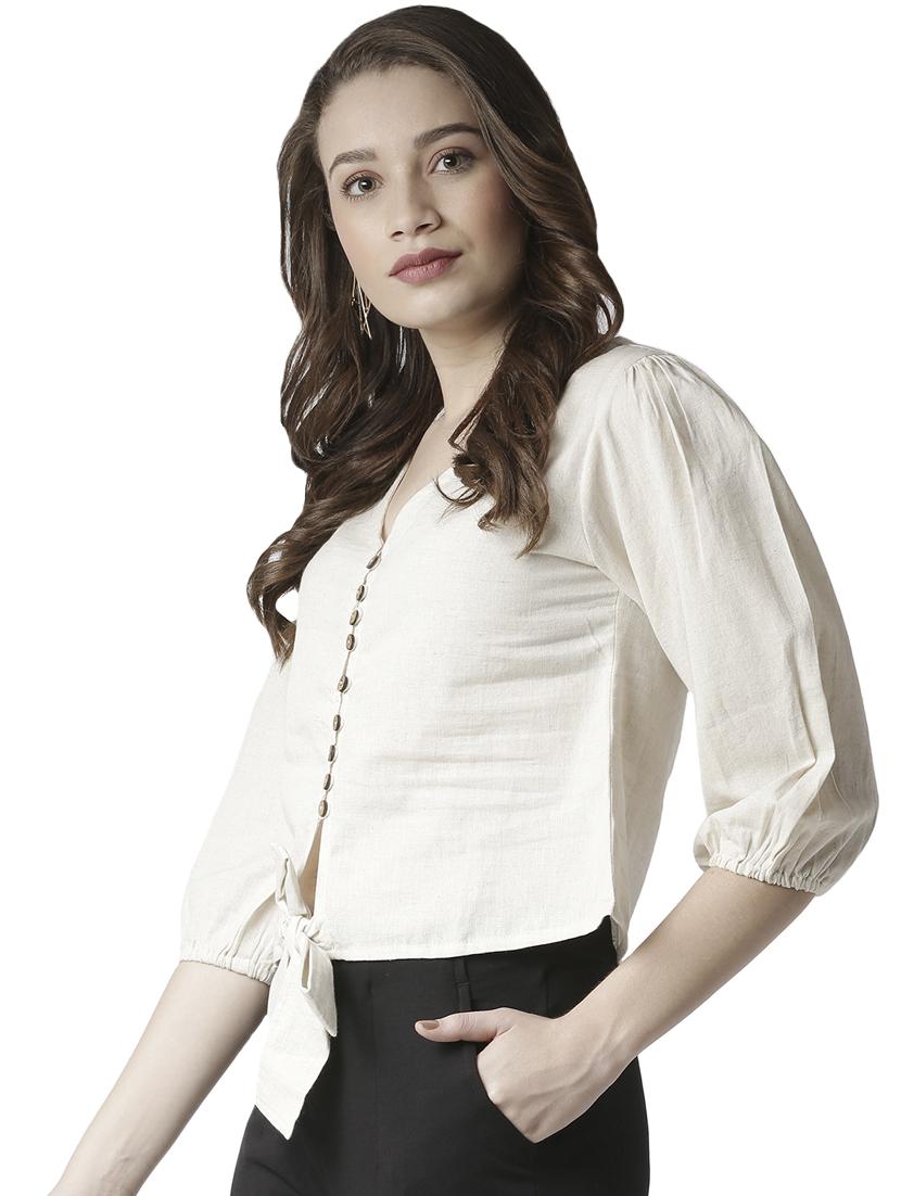 tie front solid crop top - 17780216 - Standard Image - 1