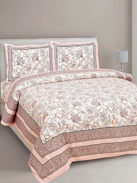 pure cotton paisley floral ethnic peach border jaipuri double bedsheet