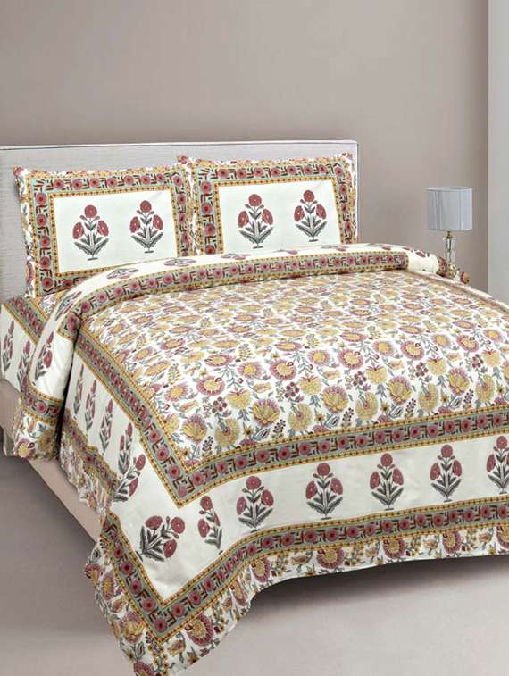pure cotton brown color floral ethnic jaipuri double bedsheet