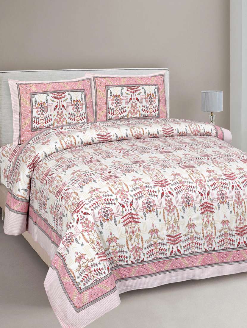 pure cotton artistic modern pink cream jaipuri double bedsheet