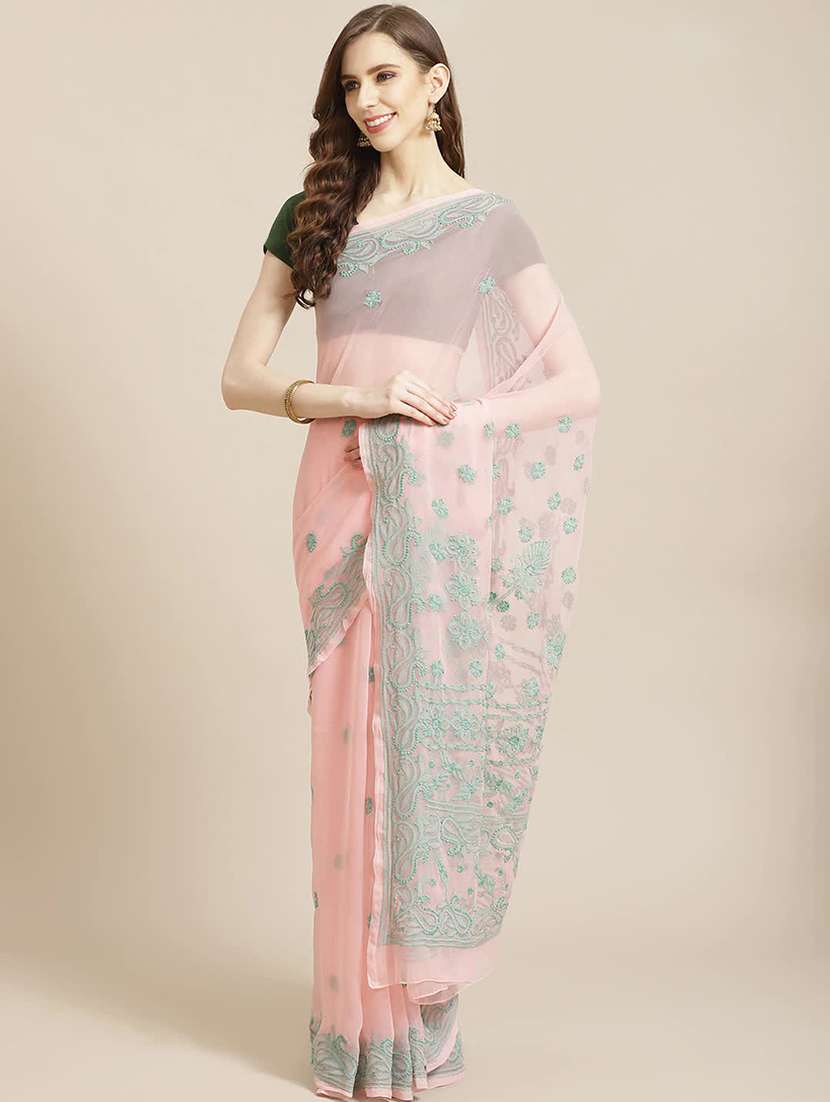 ada hand-embroidered peach chikankari saree with blouse