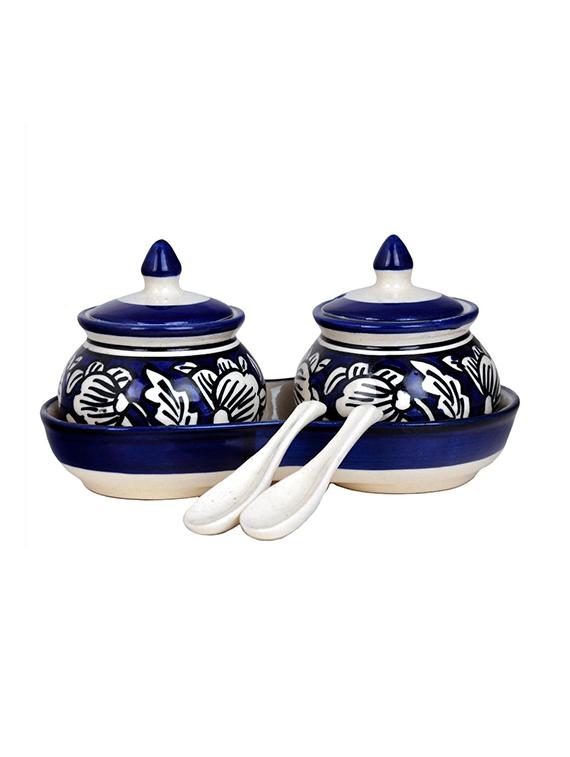 craftghar pickle jar set (ceramic 2 jars with lids, 2 spoons, 1 tray,blue) dinning table storage container - 17784614 - Standard Image - 1