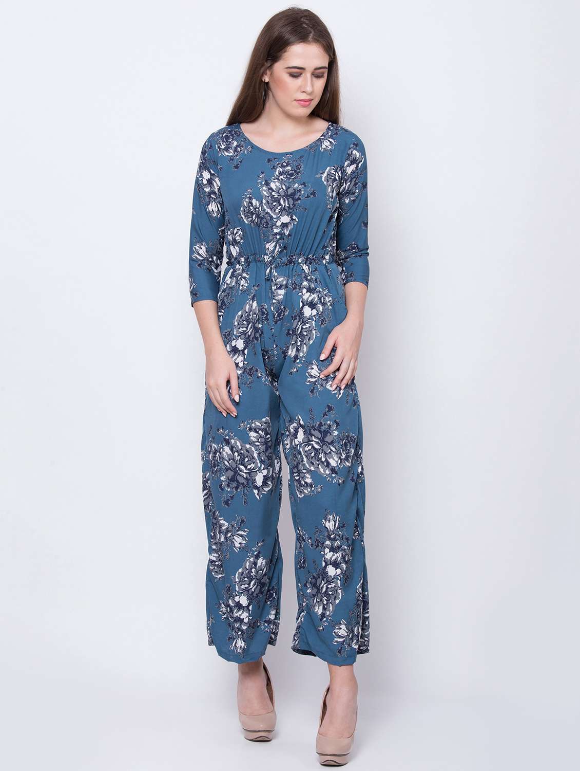 round neck floral  full leg jumpsuit