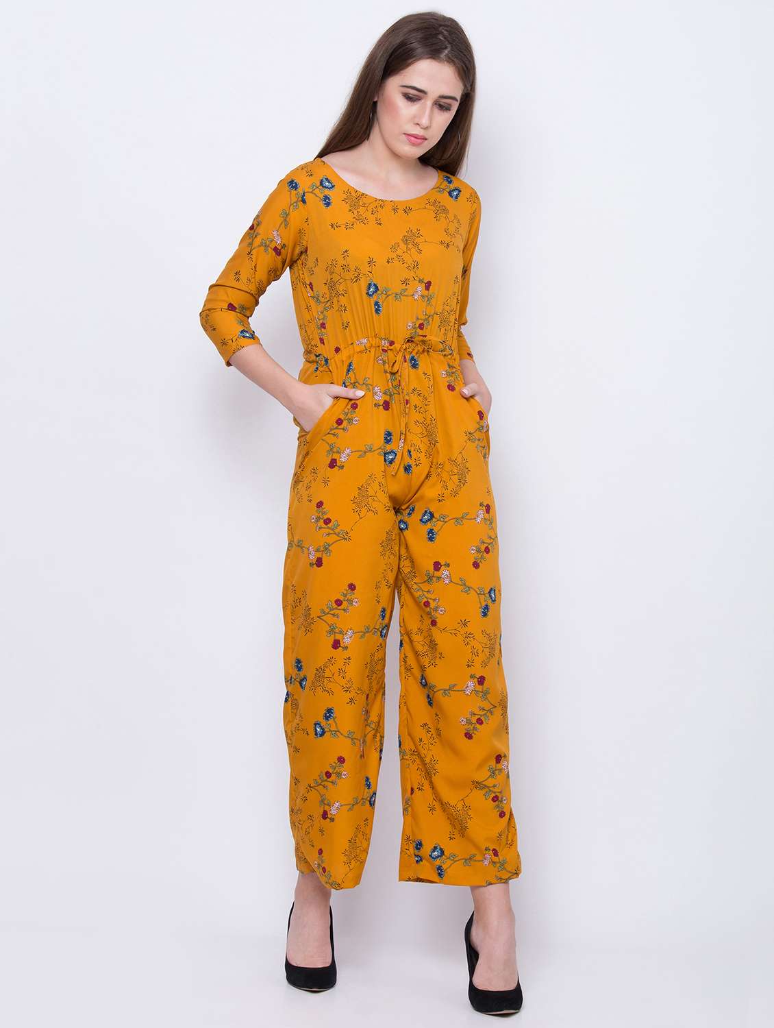 tie front floral  full leg jumpsuit
