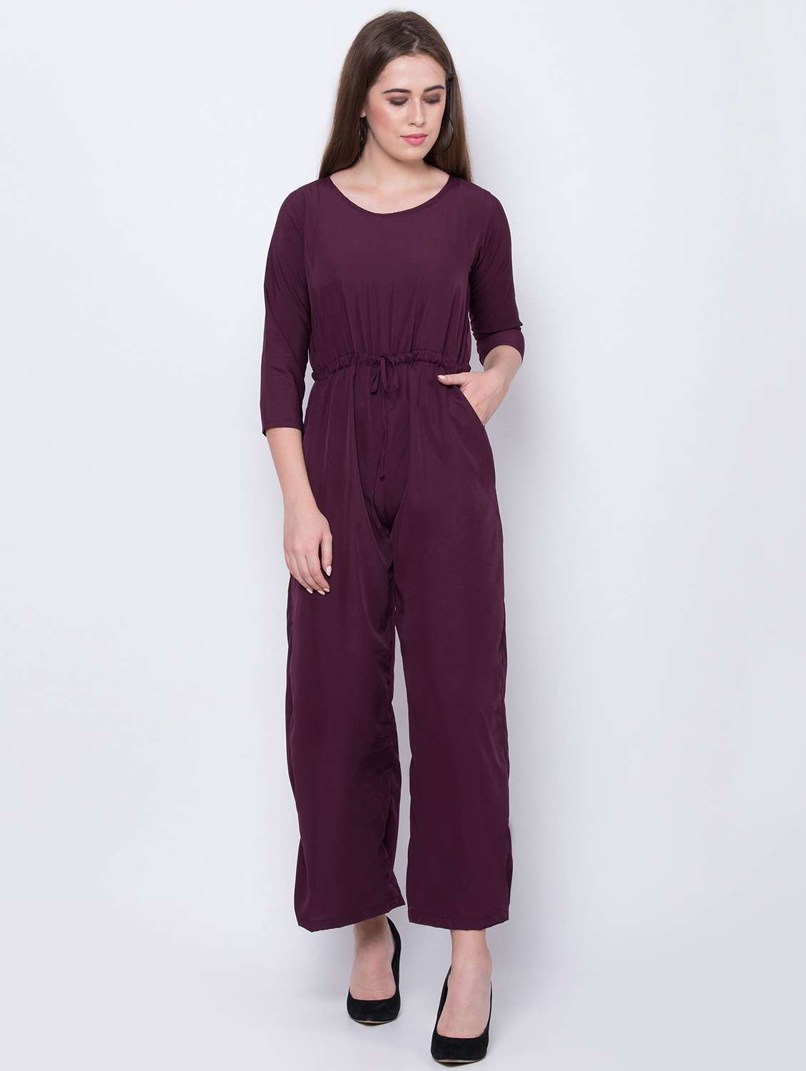 tie front solid full leg jumpsuit - 17784886 -  Zoom Image - 0