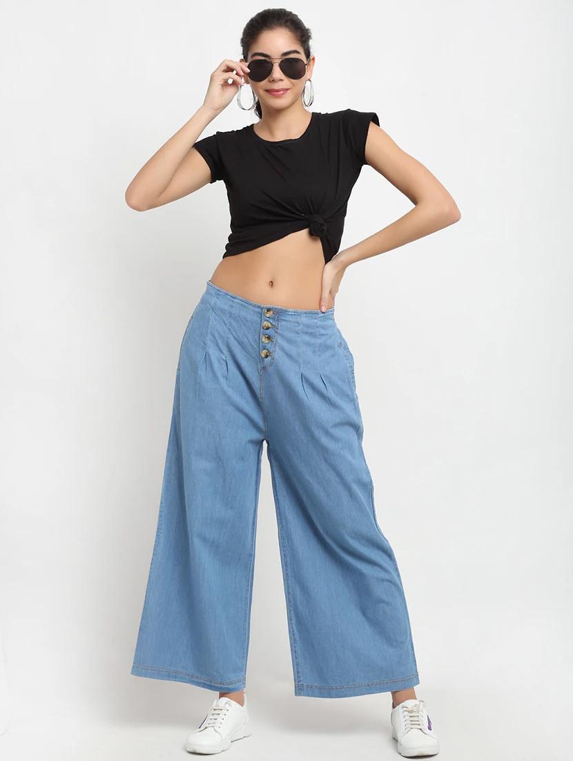 solid mid rise denim palazzo