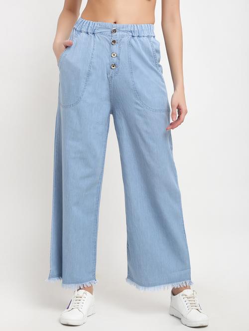 women solid mid rise wide leg demin trouser - 17785546 -  Standard Image - 0