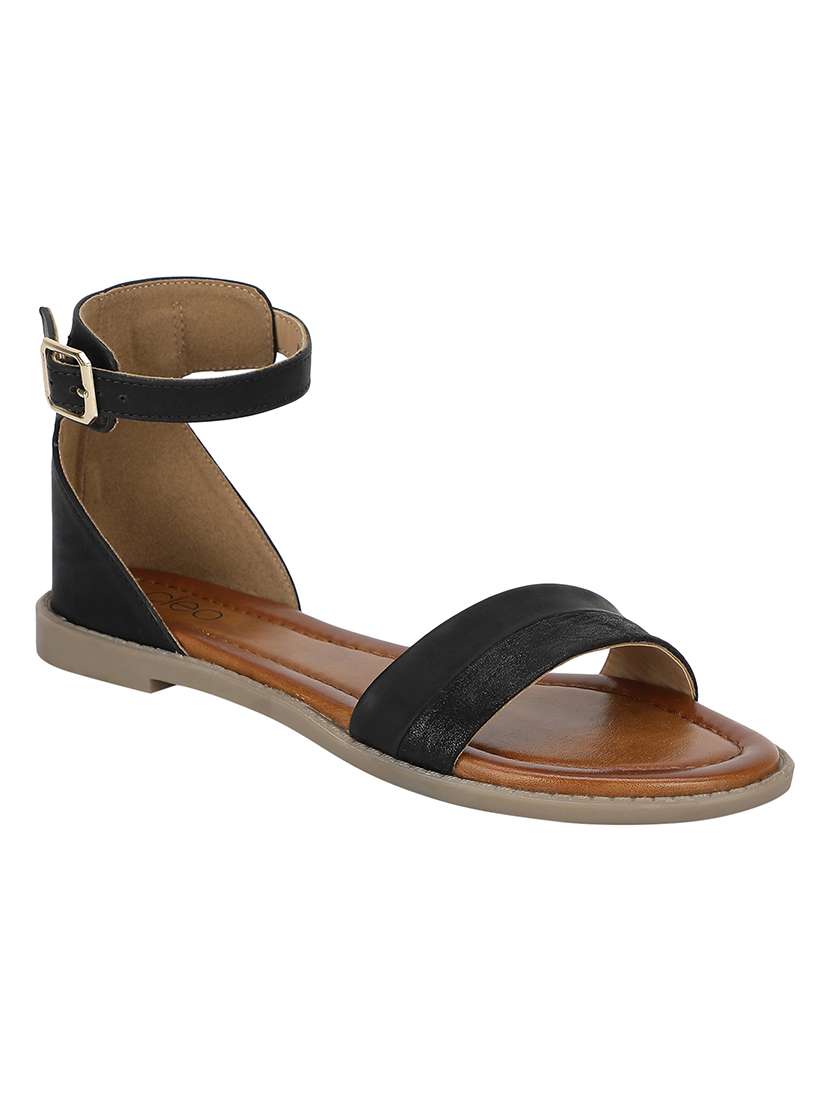 black leatherette ankle strap sandals