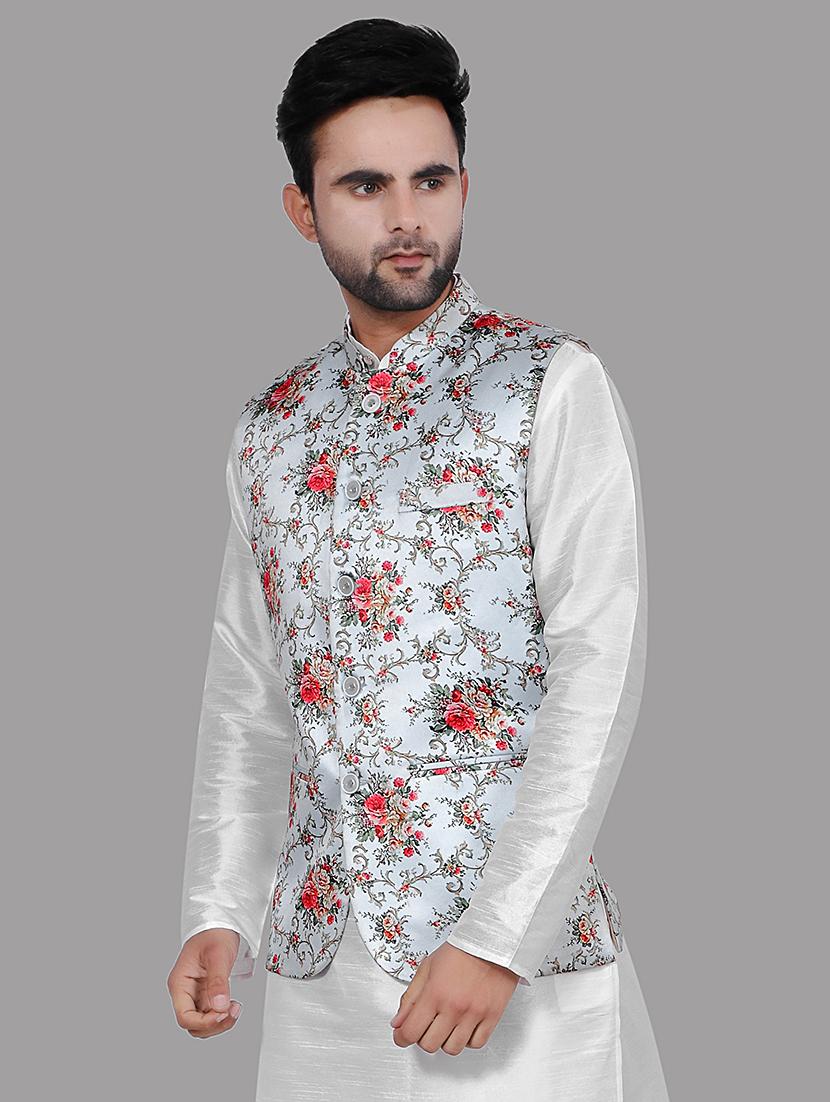 light blue floral satin nehru jacket - 17790183 - Standard Image - 1