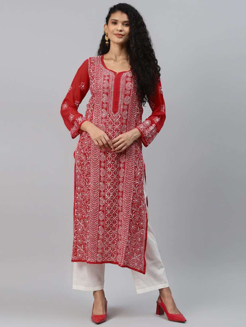 notch neck red chikankari kurta - 17790406 -  Standard Image - 1