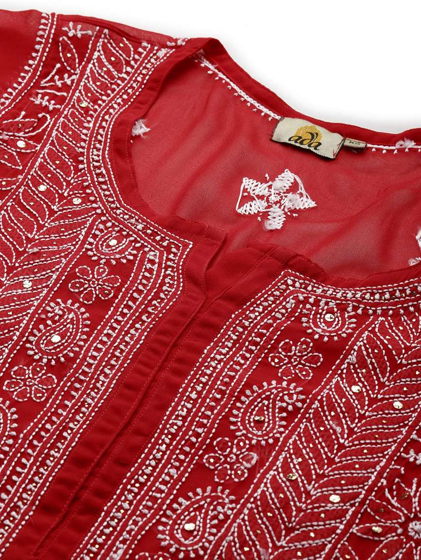 notch neck red chikankari kurta - 17790406 -  Standard Image - 4