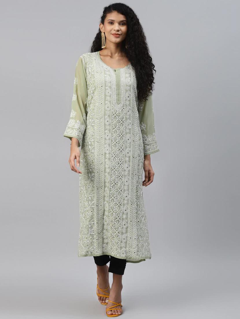 ada hand embroidered green chikankari kurta with muqaish work & matching slip - 17790408 - Zoom Image - 0