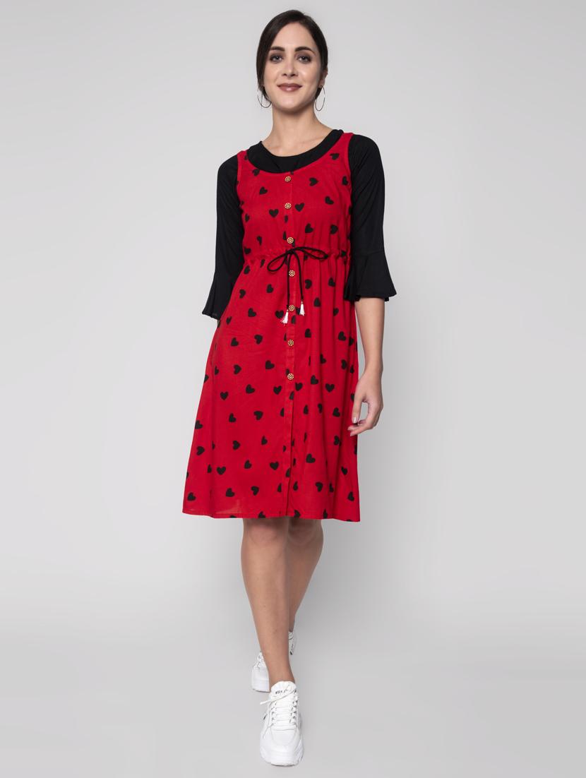drawstring waist printed dungaree dress