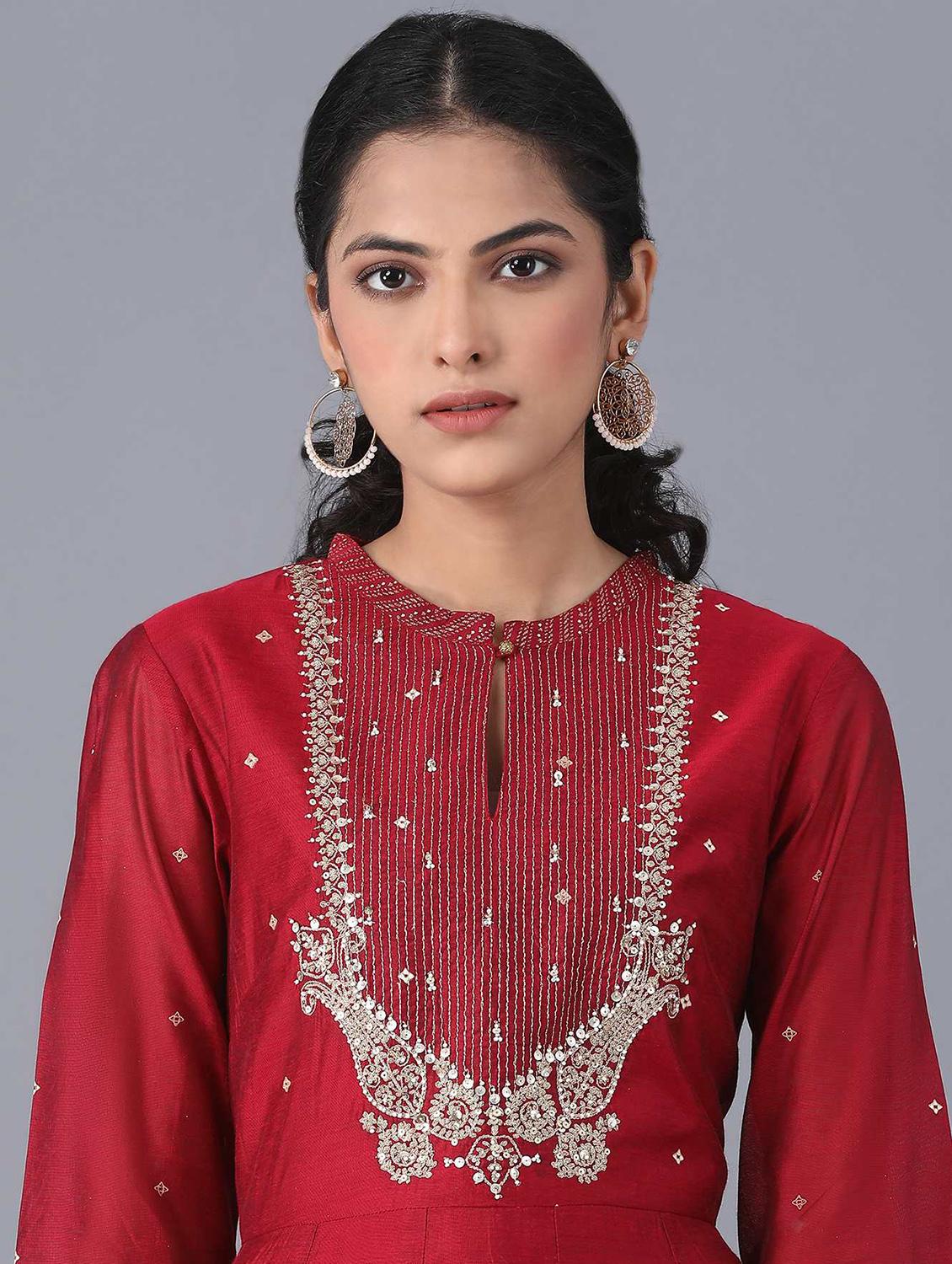 embroidered chanderi flared ethnic dress - 17791205 - Standard Image - 4
