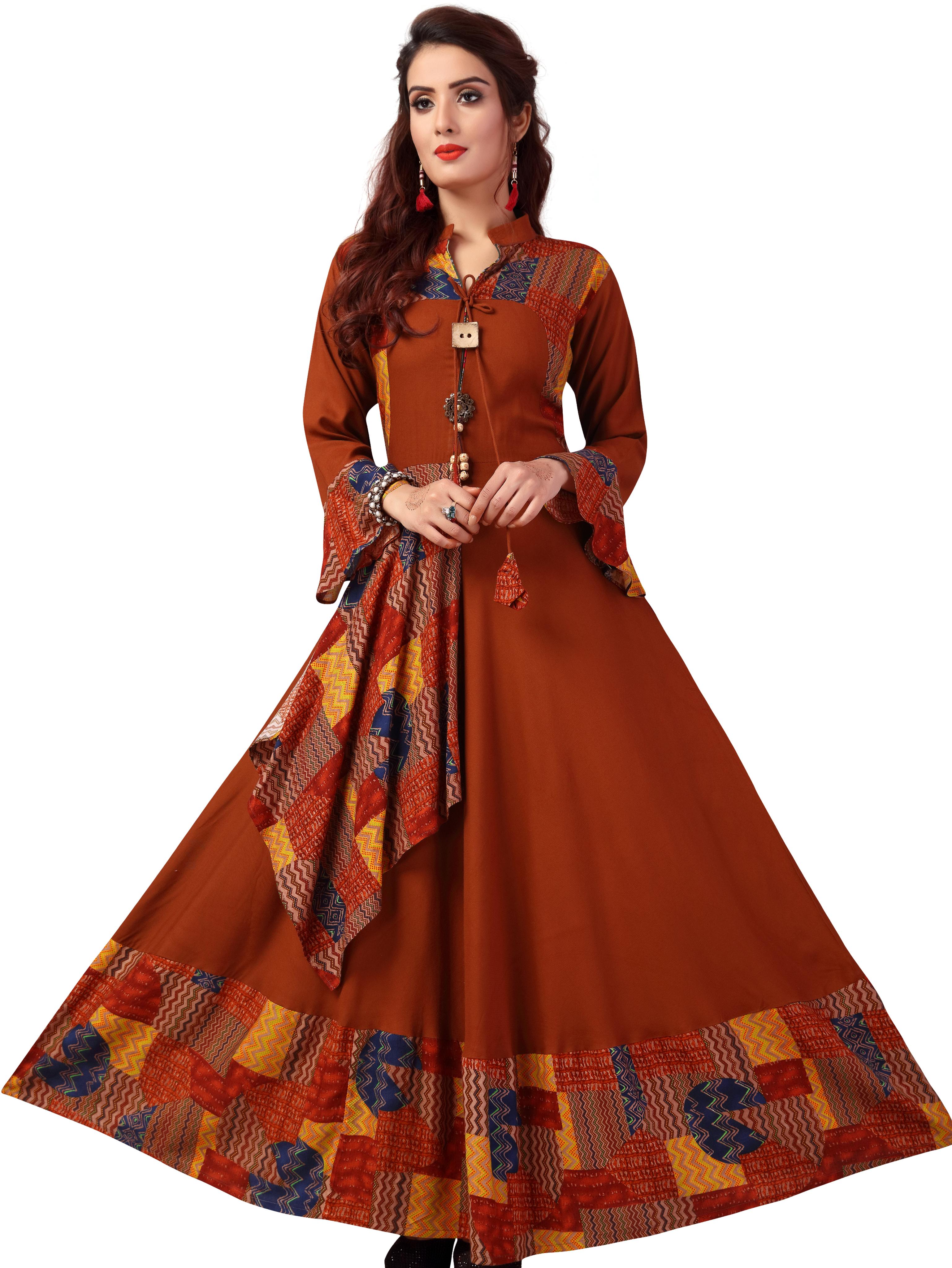 brown layered printed ethnic dress