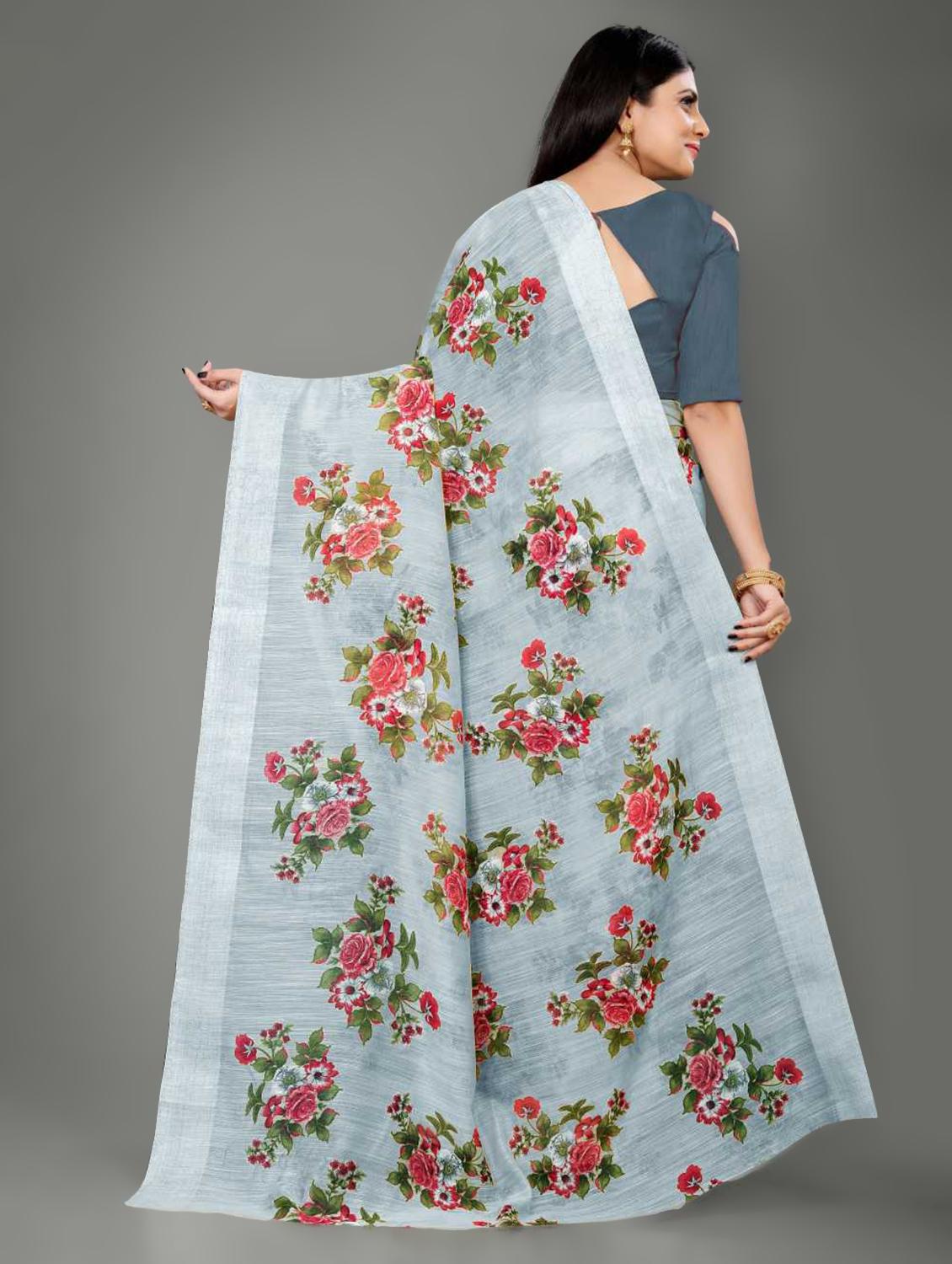 grey linen saree with blouse - 17794938 - Standard Image - 1
