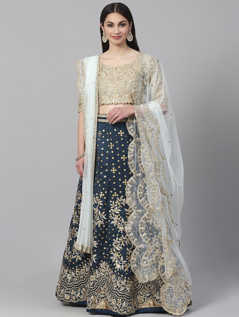 teal art silk flared lehenga - 17795632 - Zoom Image - 0